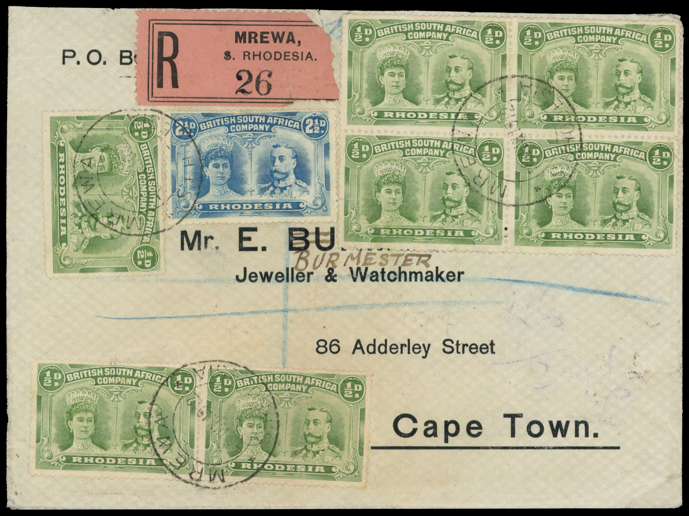 ½ds and 2½d on cover to Cape Town, Mrewa DCs