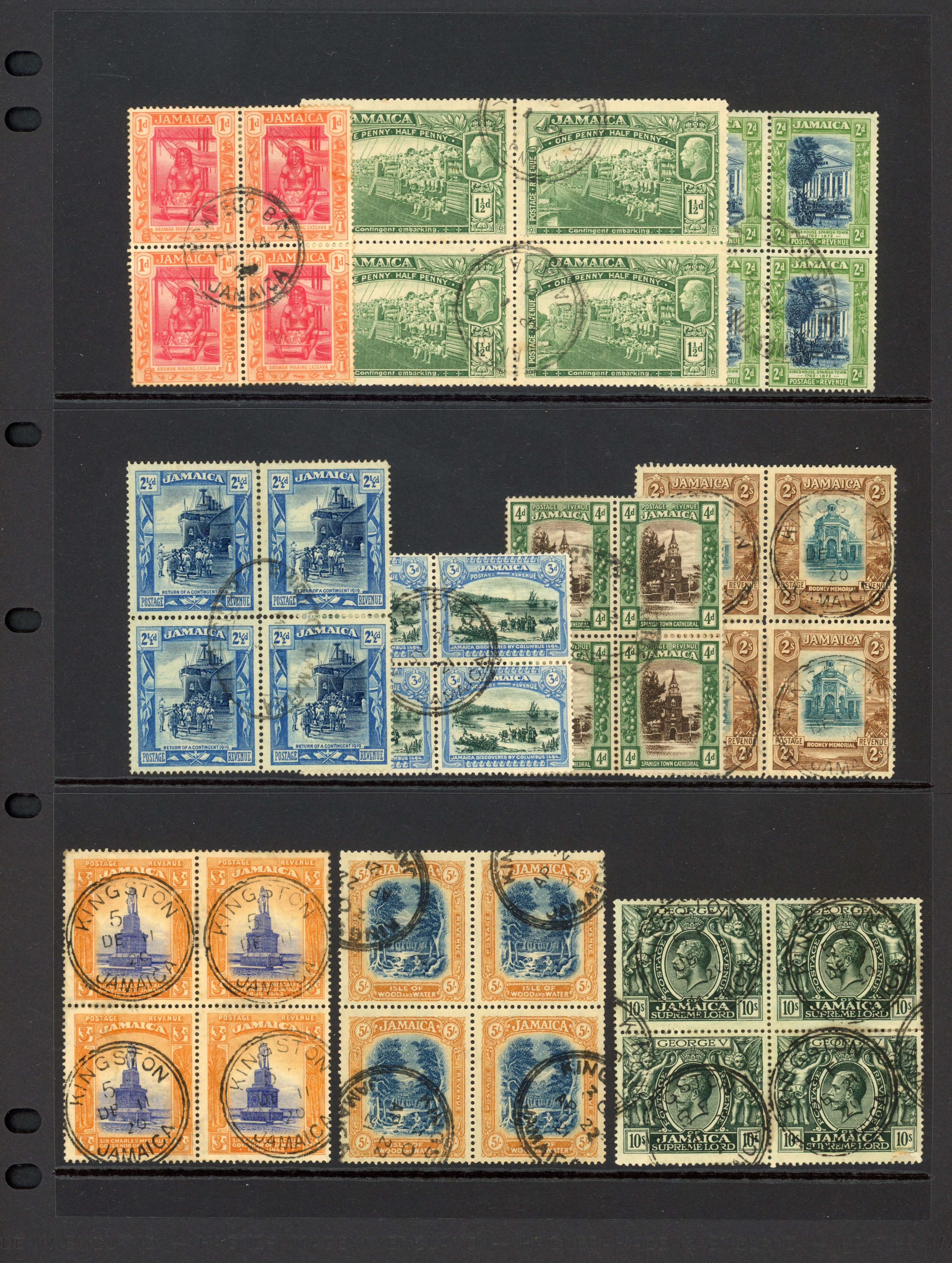 Jamaica 1919-21 part set of 10 to 10s blocks of 4, used, SG 78/89