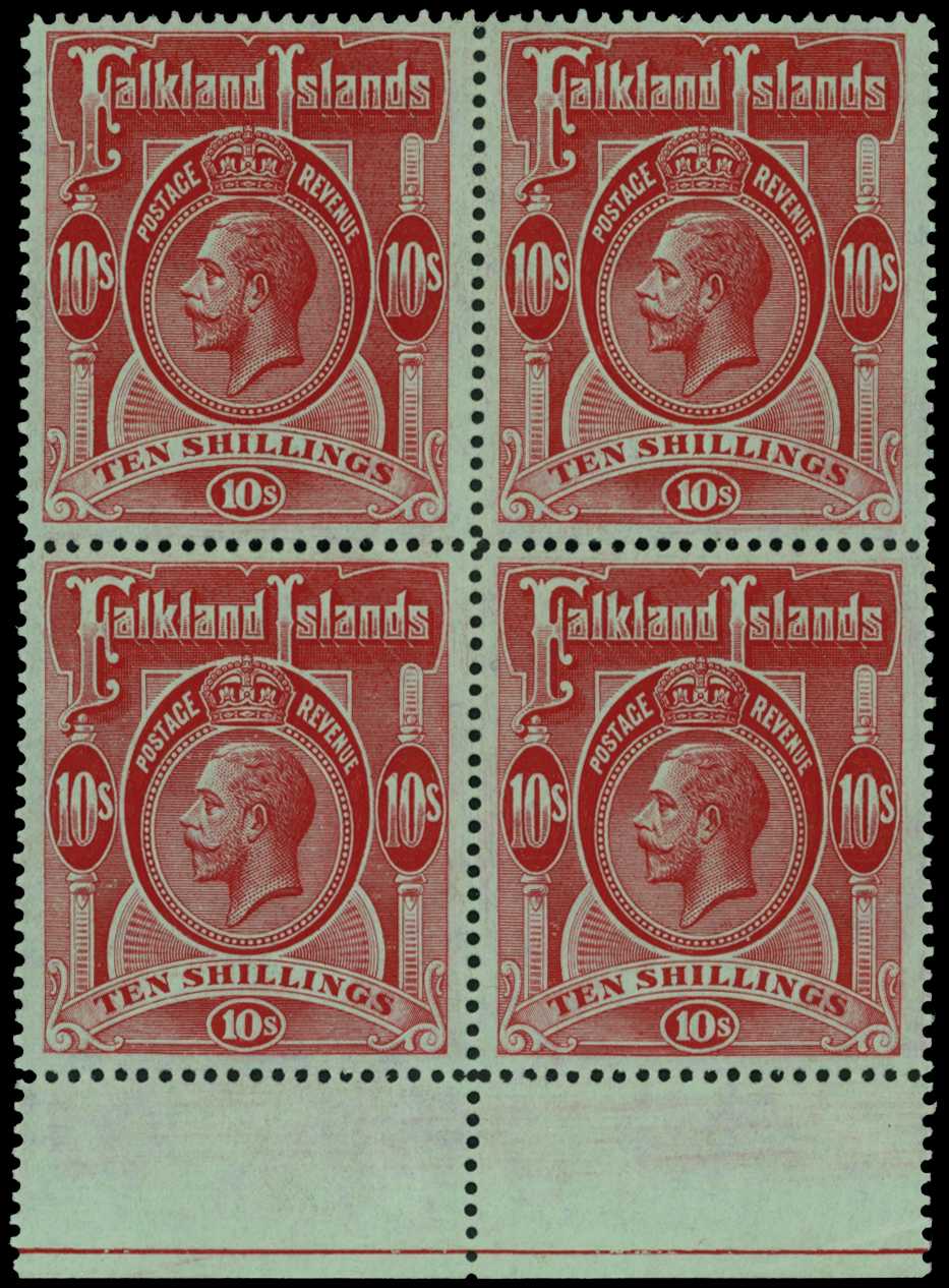 1912-20 10/- red on green lower marginal block...