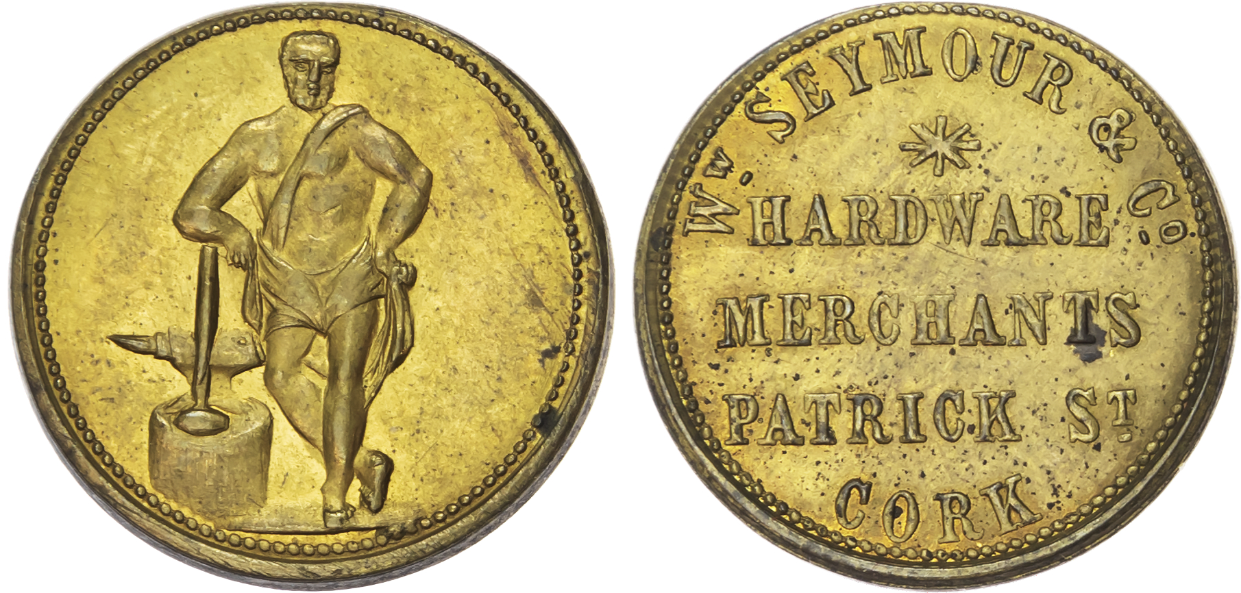Cork, William Seymour & Co. (ironmongers) brass farthing (late 1850s), address/Vulcan standing by anvil, 21.75…