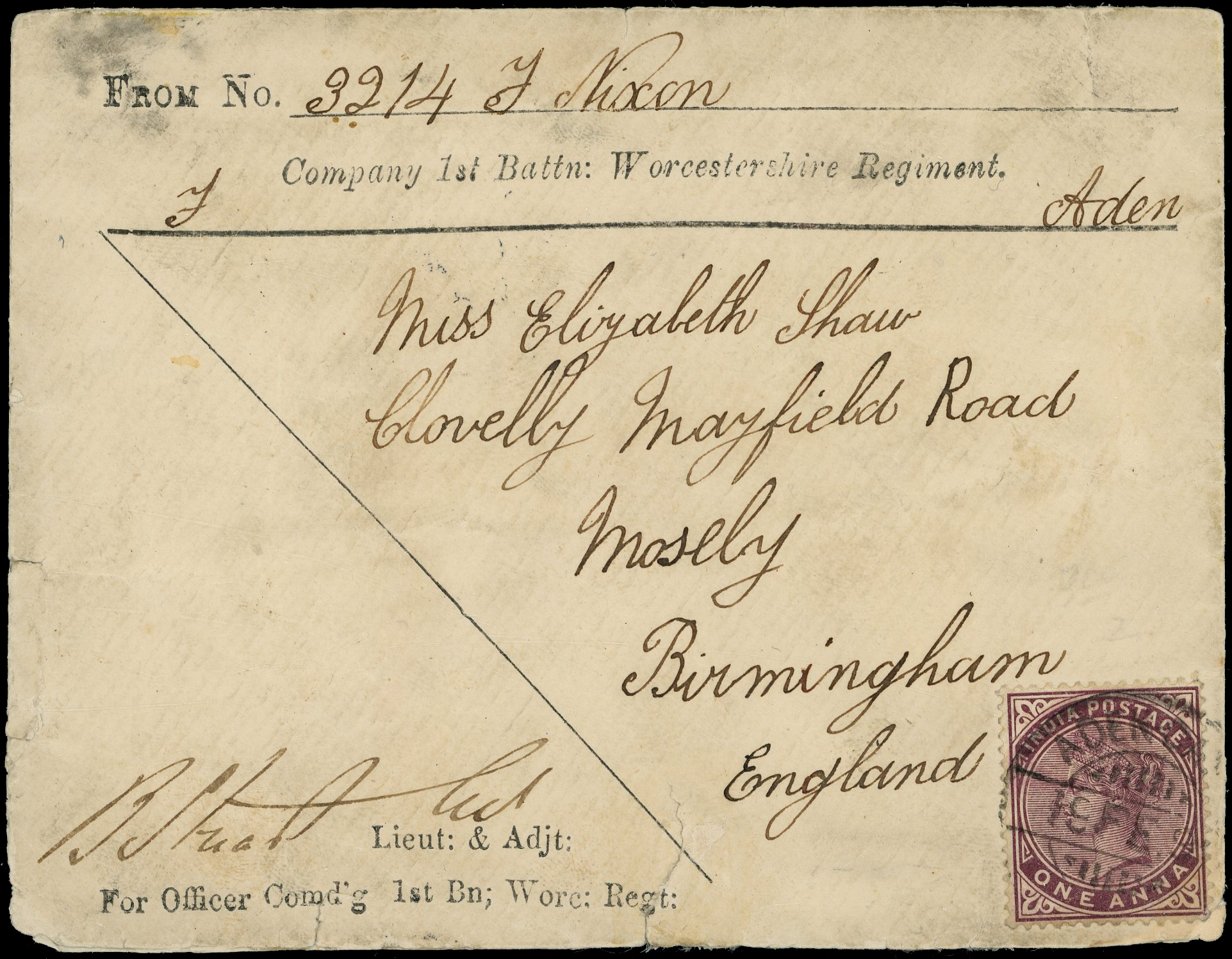ADEN: 1896 soldier's cover to Birmingham bearing 1A plum, tied Aden Camp cds ‘FE 15/96’ and Birmingham receiving mark