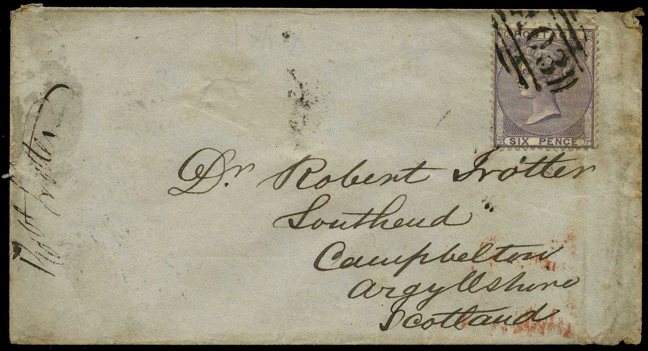 GB USED ABROAD: 1858 6d lilac tied by...