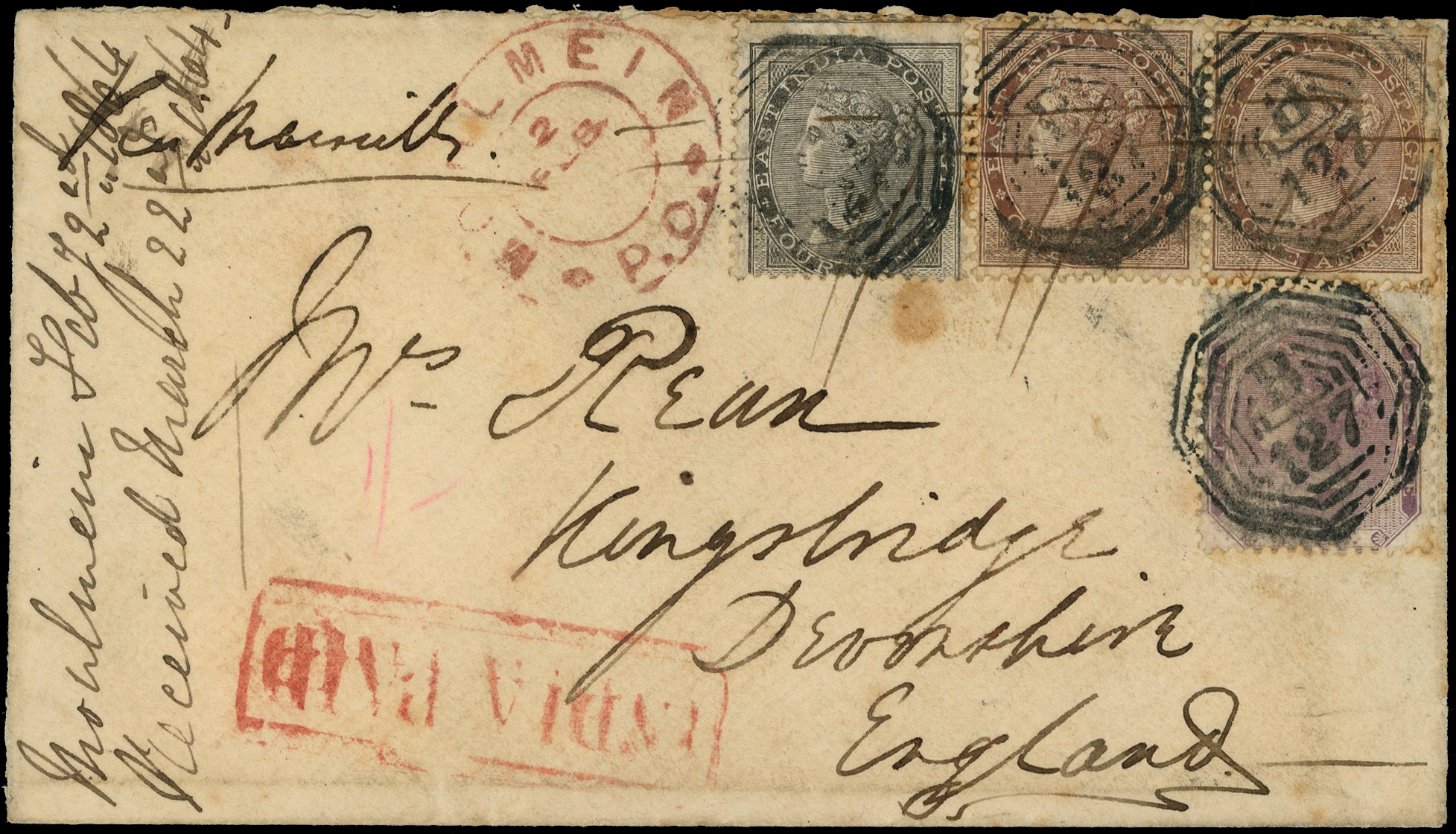INDIA: 1864 envelope Moulmein to Devon “via Marseilles” in m/s, 1a pair, 4a and 8p cancelled “B/127” obliterators
