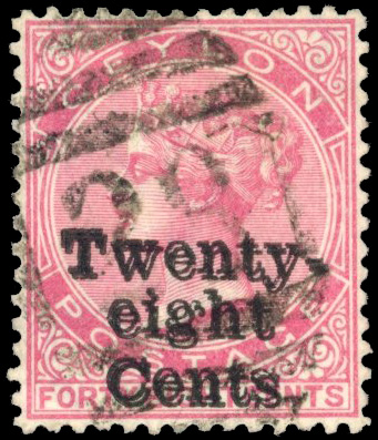 Ceylon SG 168a 1885 28c on 48c surcharge double used
