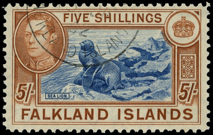 1950 5/- steel-blue and buff-brown on thin white paper, fine used with CDS, 19 JA 52. SG...