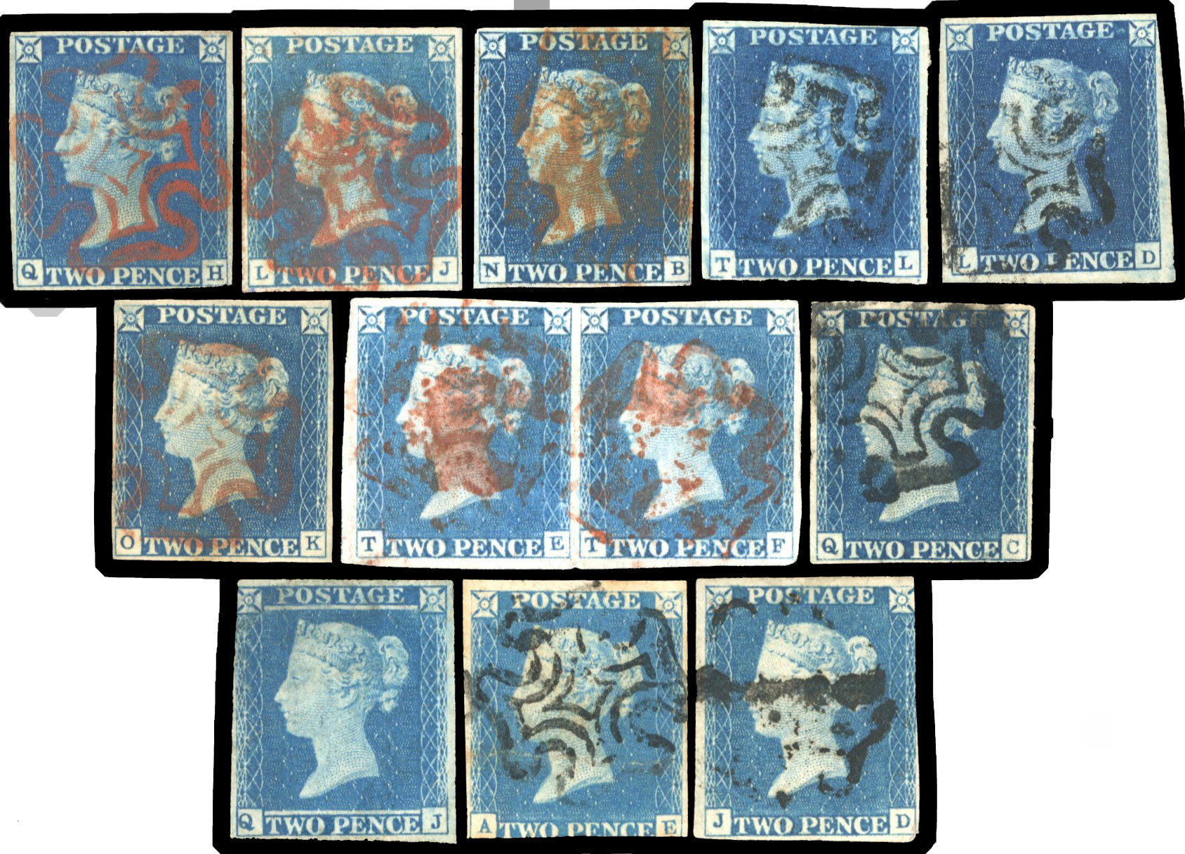 1840 2d blue selection including seven 4-margin examples, a horizontal pair (TE-TF) 4-margins and four 2-3 margin examples.