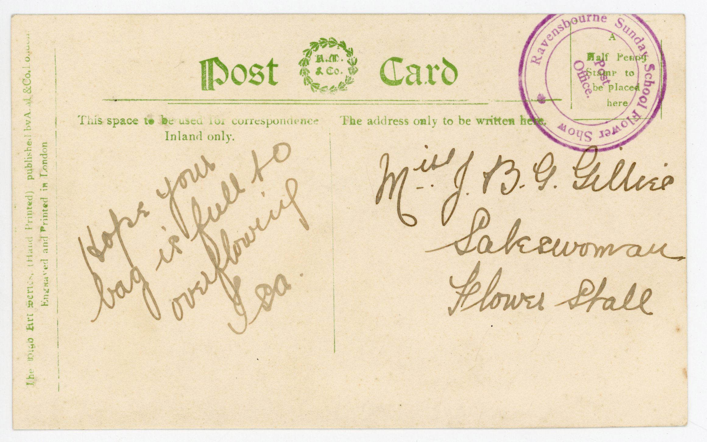 New Zealand 1909 greetings card used Sunday School Flower Show cancel
