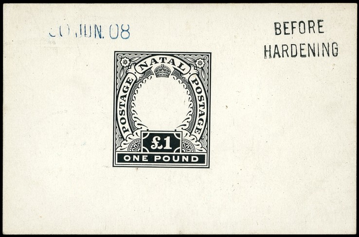1908 Die Proof of £1 Duty Plate in black on glazed card 93 x 60mm, dated 30 JUN. 08 in blue and marked BEFORE HARDENING. ...