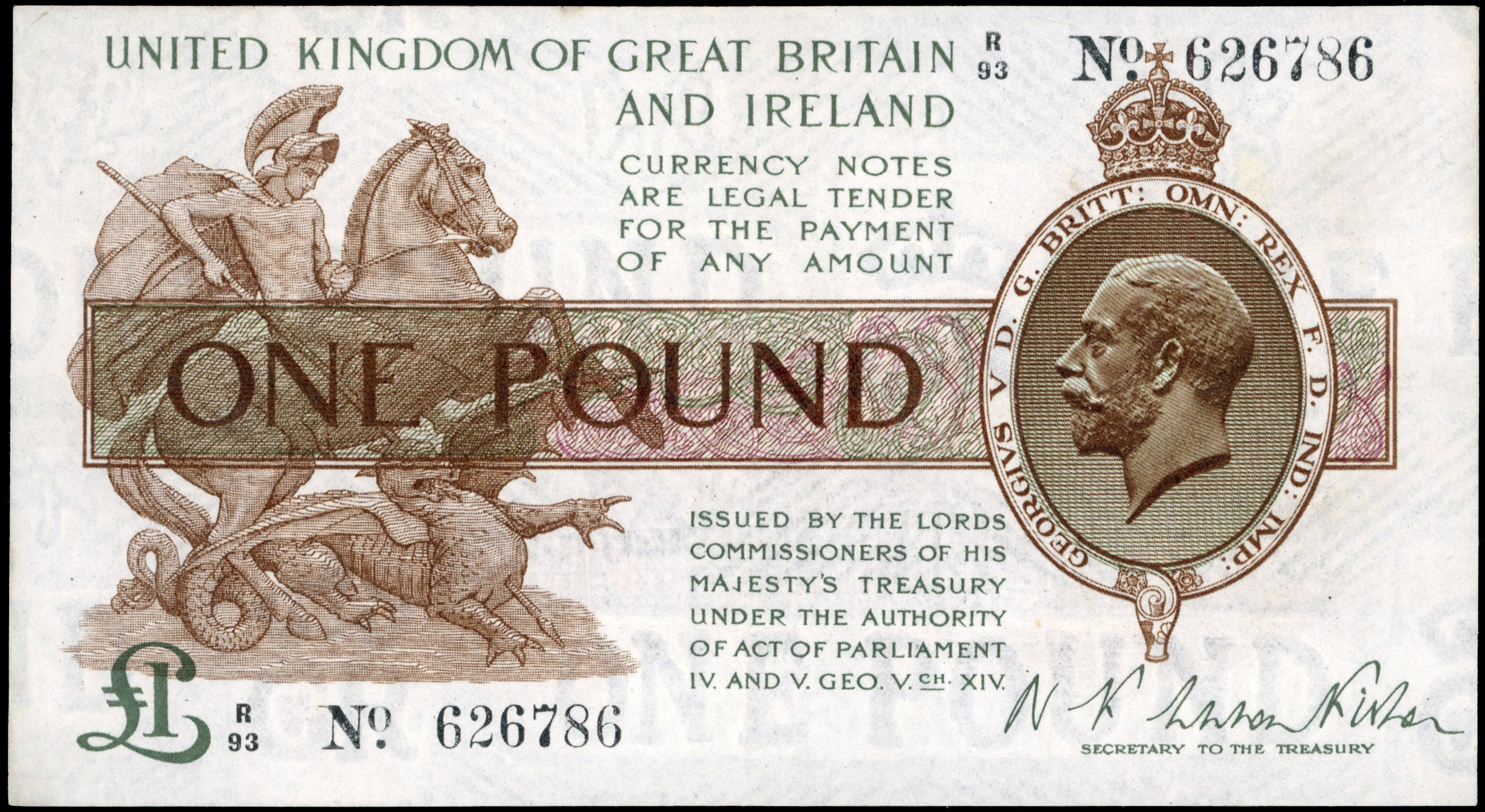 Treasury, N F Warren-Fisher, (first issue), One Pound, Sept. 1919, R1/4 082832, (Dugg. T24). Good Very Fine.…