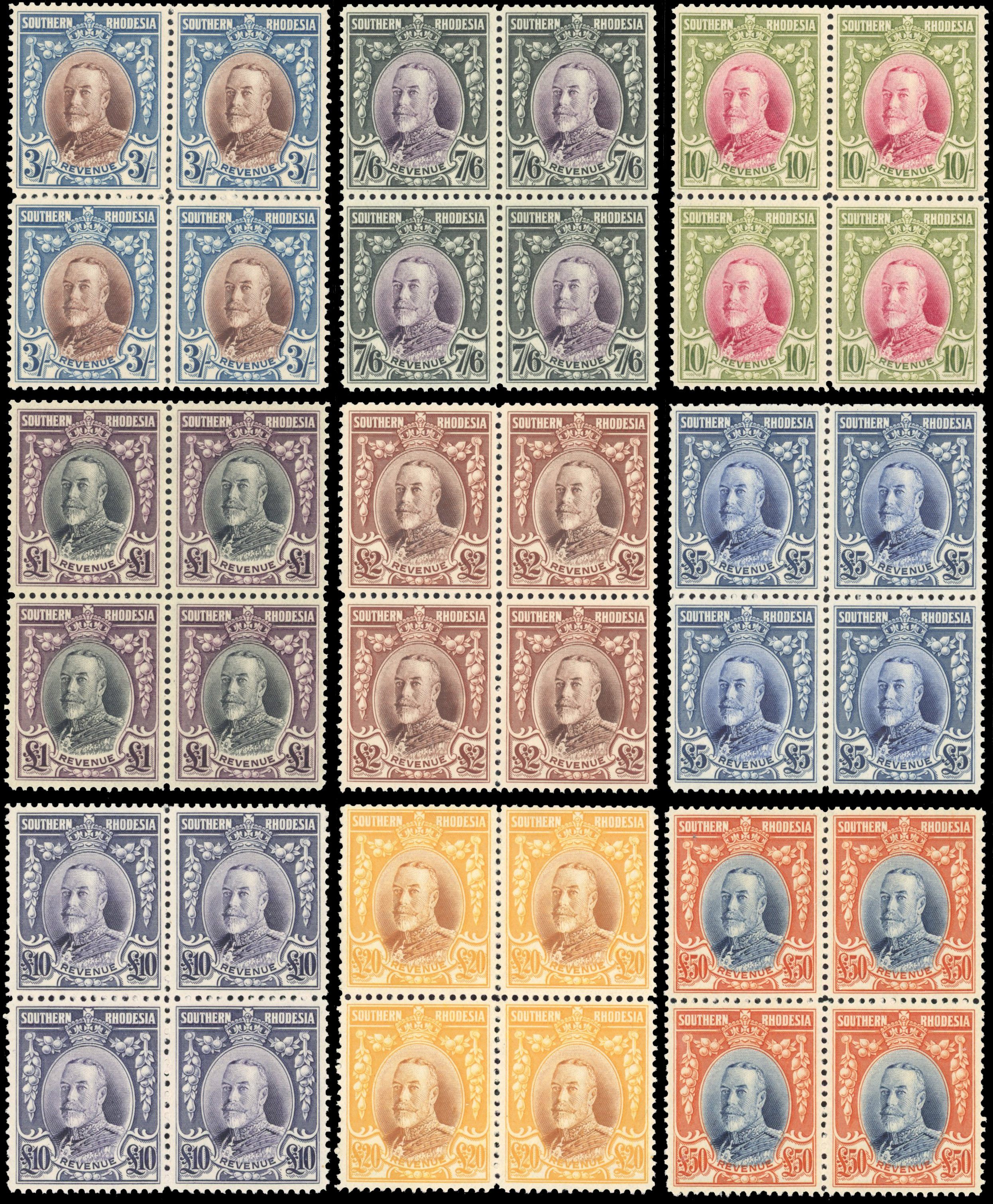 Southern Rhodesia Revenue Field Marshal issue Archive blocks to £50