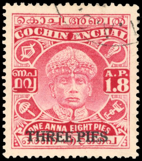I.F.S. Cochin 1942-44 3p on 1a8p carmine, surcharge Type 20, lightly used, SG 75