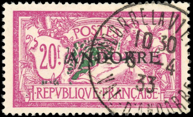 French Andorra 1931 Merson 20f broken value tablet frame variety used, SG F23a
