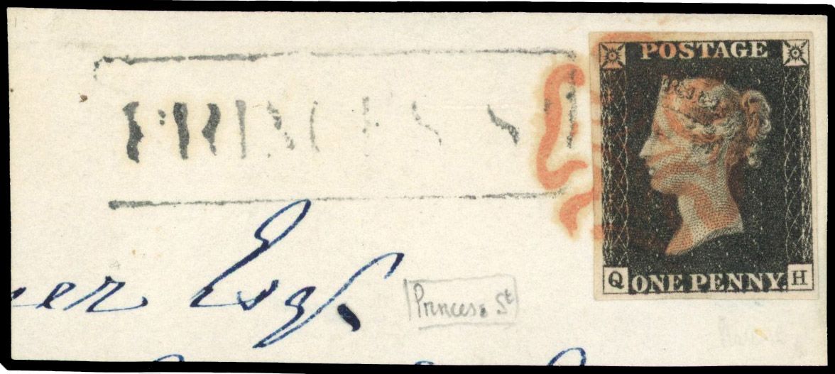 1840 1d black, plate 2 (QH), four good even margins, tied to small piece by red Maltese Cross