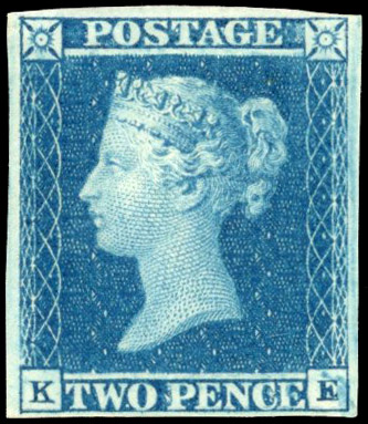 GB: 1841 2d blue, Plate 3 (KE), close to good margins, mint