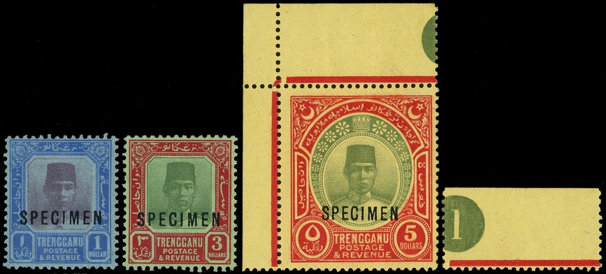 1921 $1, $3 and $5 overprinted SPECIMEN Type D12 o.g., the $3 with hinge remainder at the side, the $5 a top left corner...