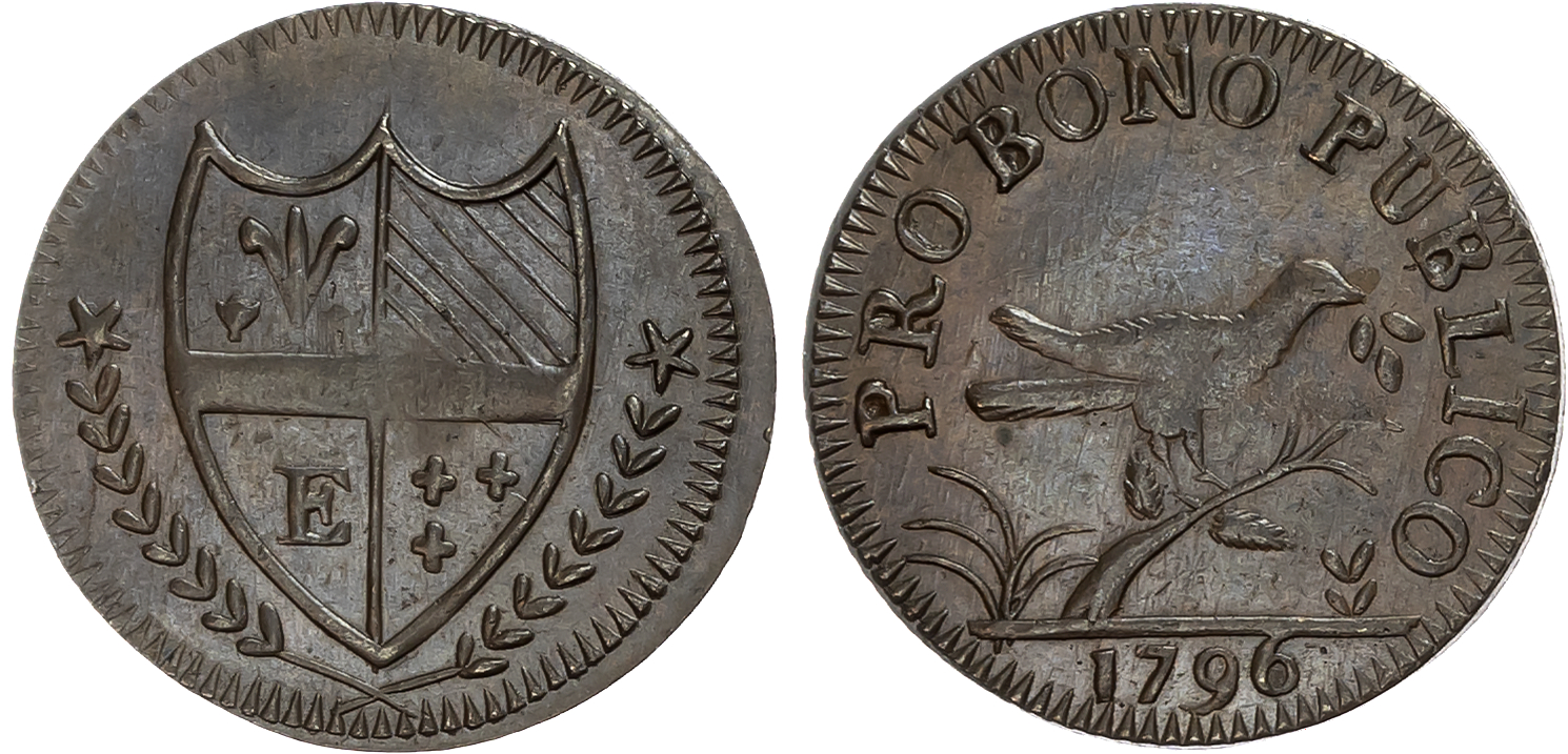 Loth. Edinburgh , anonymous issue Farthing 1796, fictitious arms in wreath, rev . dove with olive sprig on branch, edge …