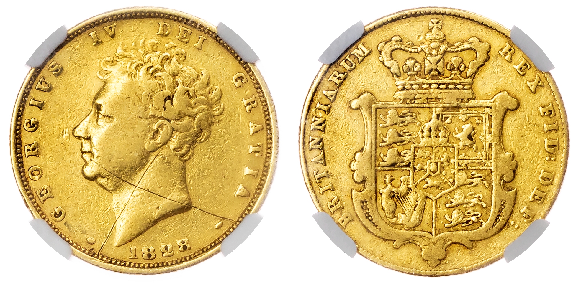 George IV (1820-1830), AV Sovereign, 1828. NGC VF DETAILS - OBV GRAFFITI (Key Date)