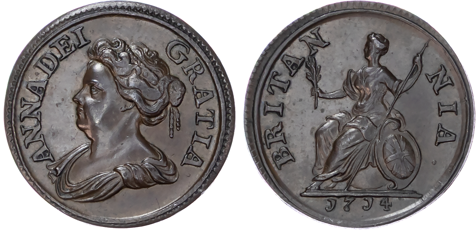 Anne (1702-1714), Pattern Farthing, 1714, by J. Croker.