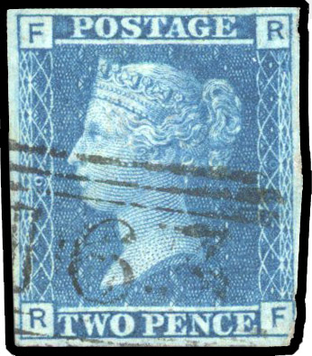 1869 2d Blue Pl.9. used imperforate example lettered RF cancelled by a Greenock ‘163’ Scottish numeral