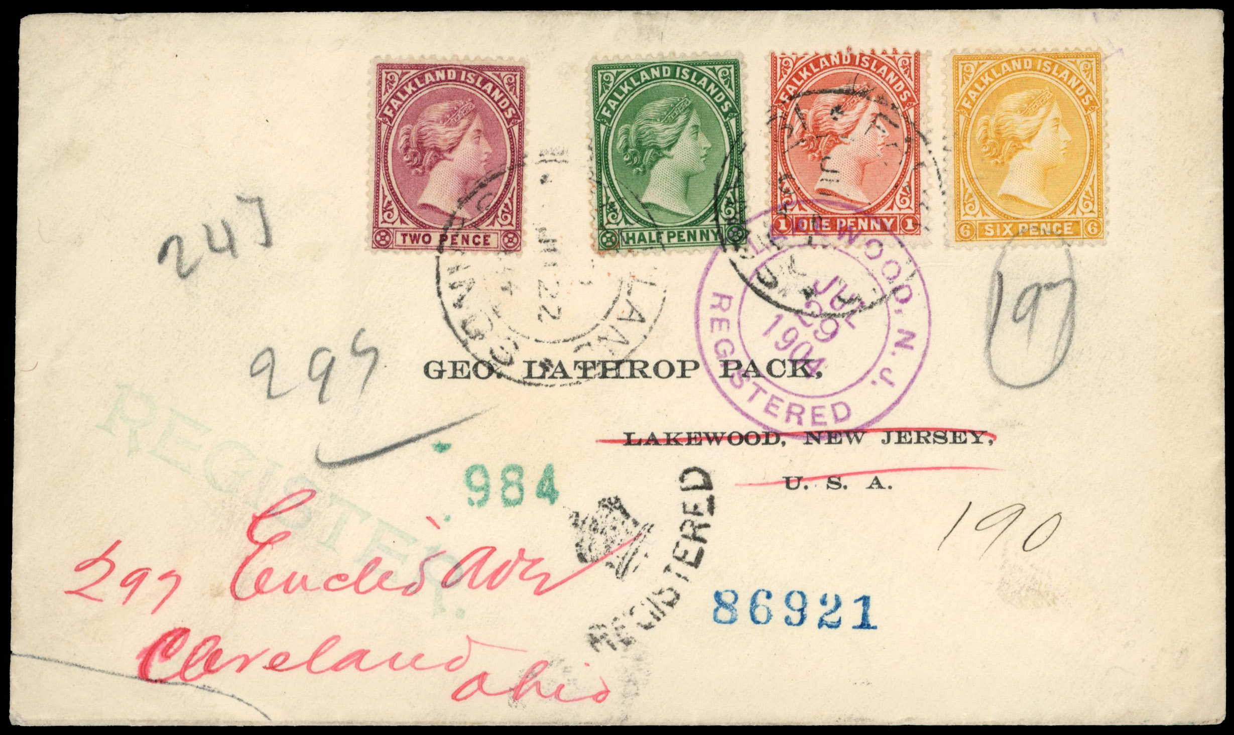 Falkland Islands 1904 registered envelope to USA