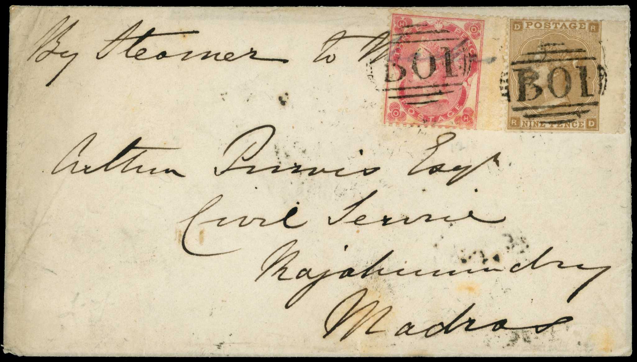 GB USED ABROAD: 1862 envelope to India...