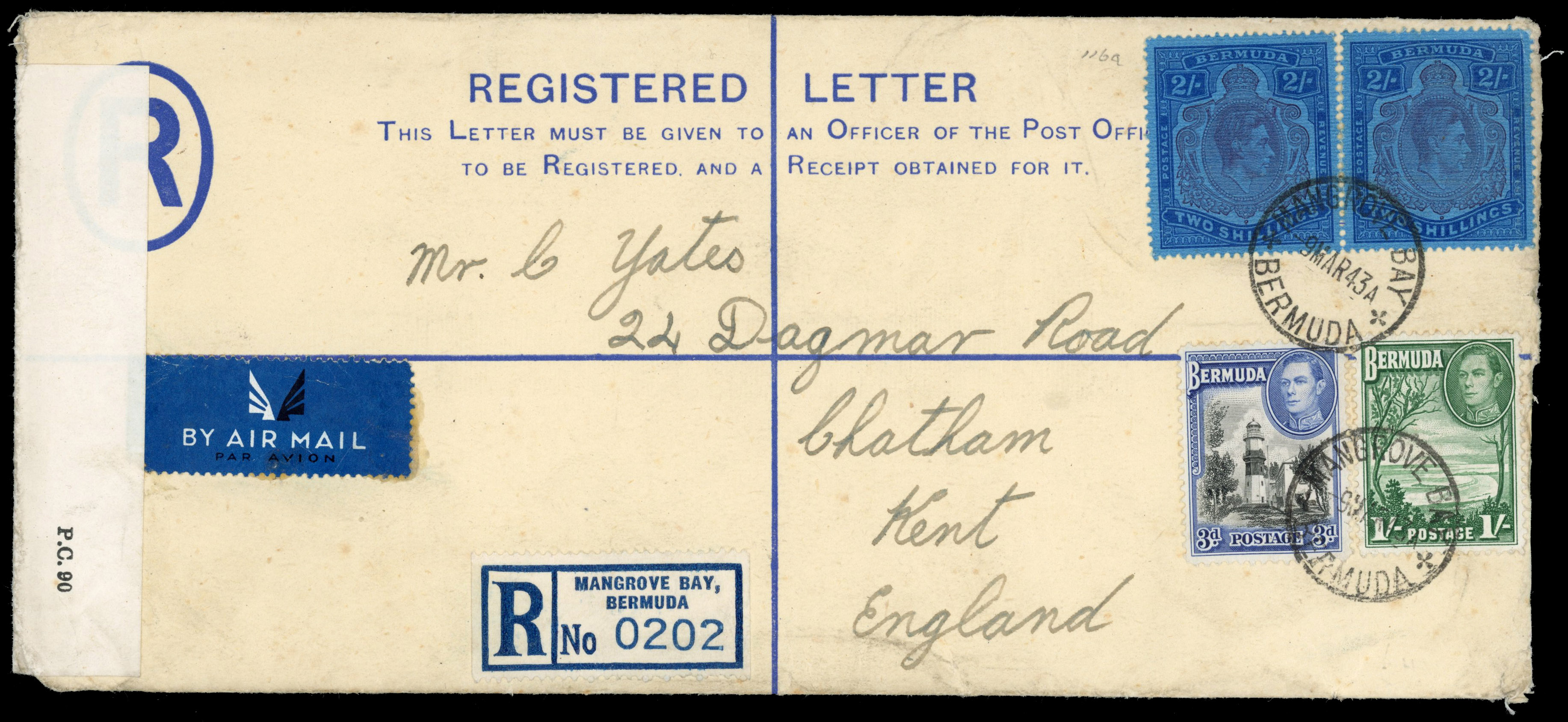 Bermuda 1943 3d printed registered stationery cover (type H2), censored, uprated to England