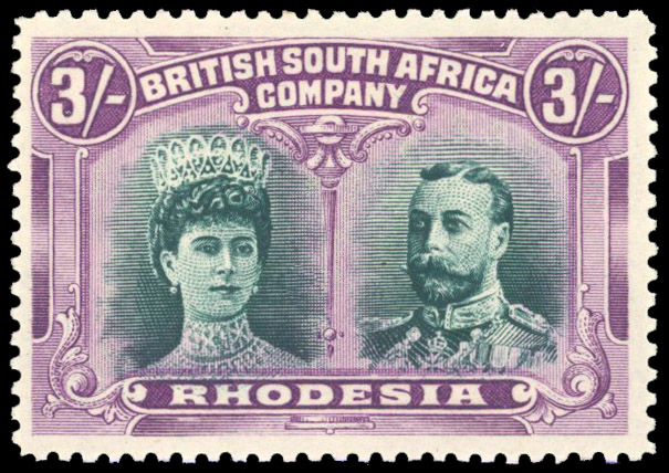 Rhodesia 1910-13 3s deep bluish green and purple perf 14
