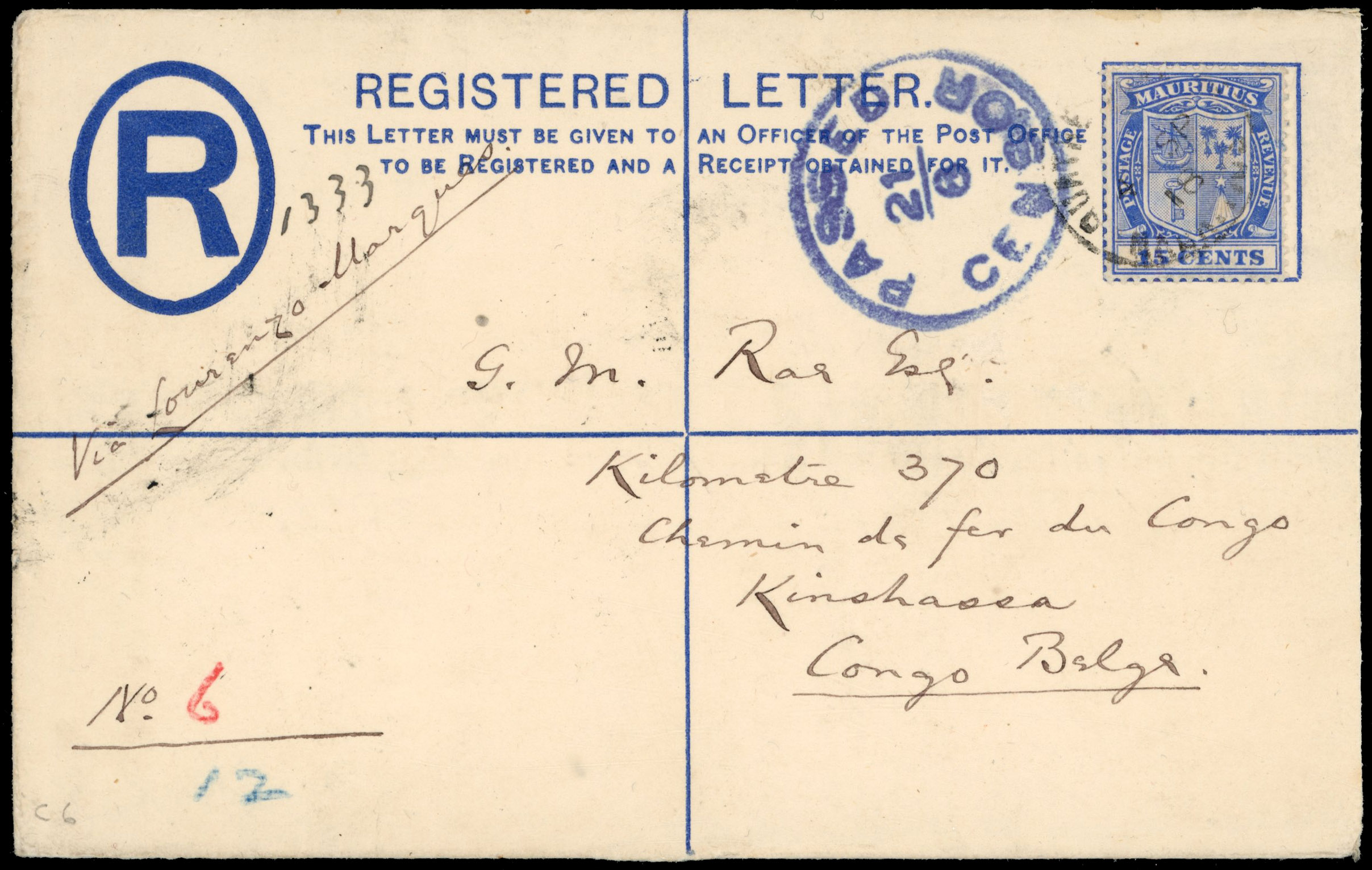Mauritius 1918 registered 12c printed envelope to Belgian Congo