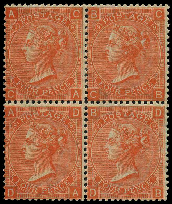1865-67 4d vermilion, Plate 9 (CA-DB), block...