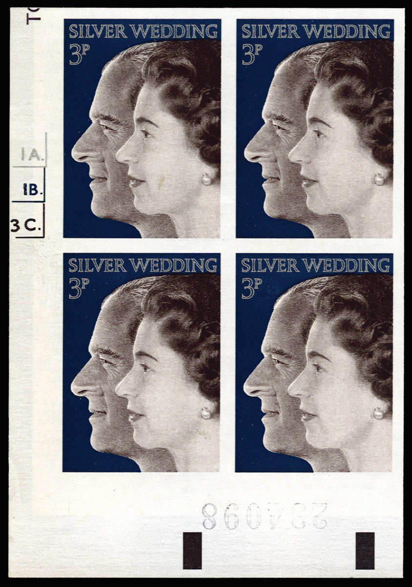GB 1972 3p Royal Silver wedding ("Jumelle" machine). Superb unmounted o.g bottom left hand corner margi… SG918var