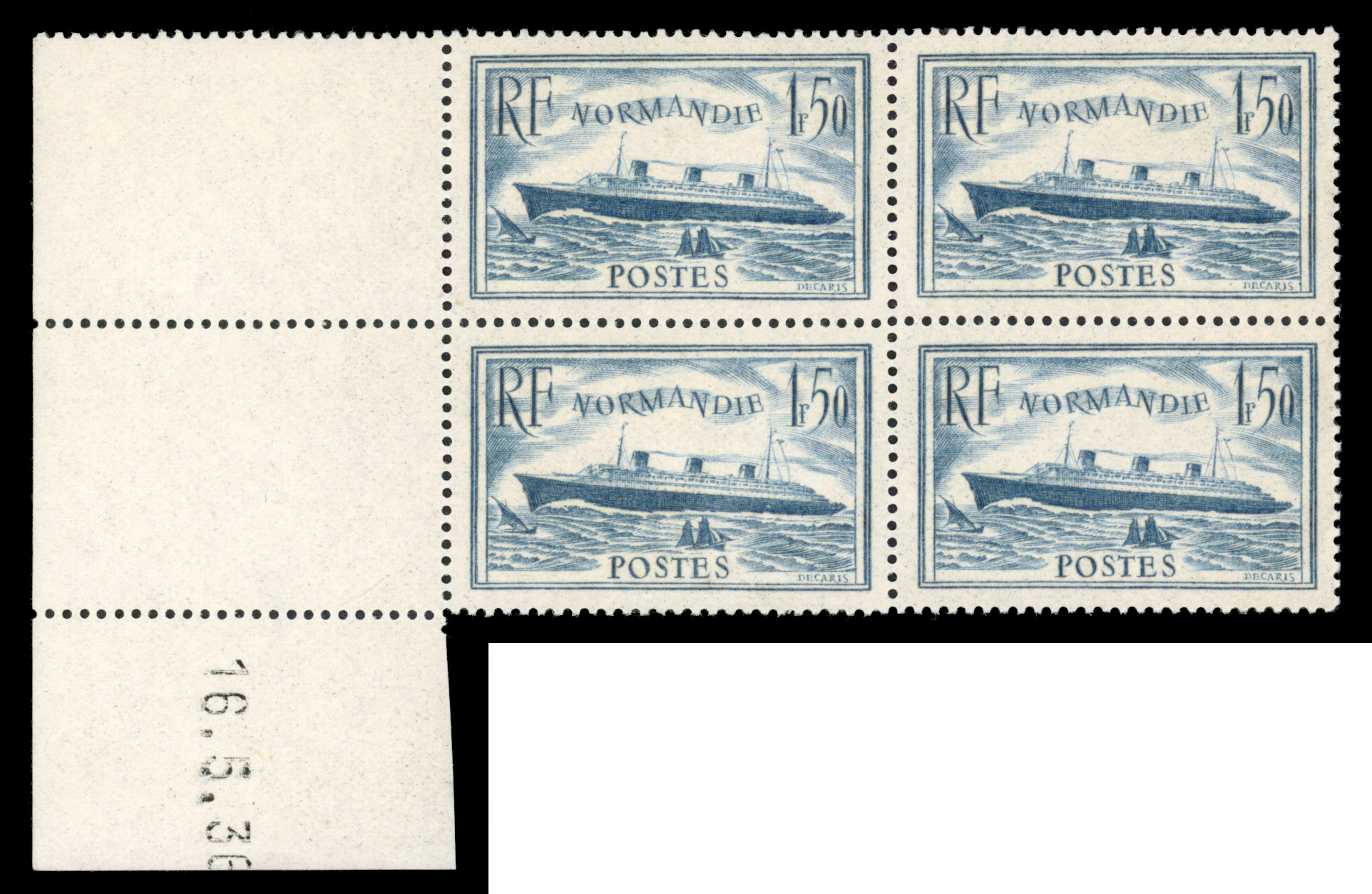 France 1936 1f50 Normandie light blue dated block of 4 mnh