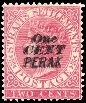 Perak 1887-89 1c on 2c pale rose, opt Type 30, mint, SG 30a