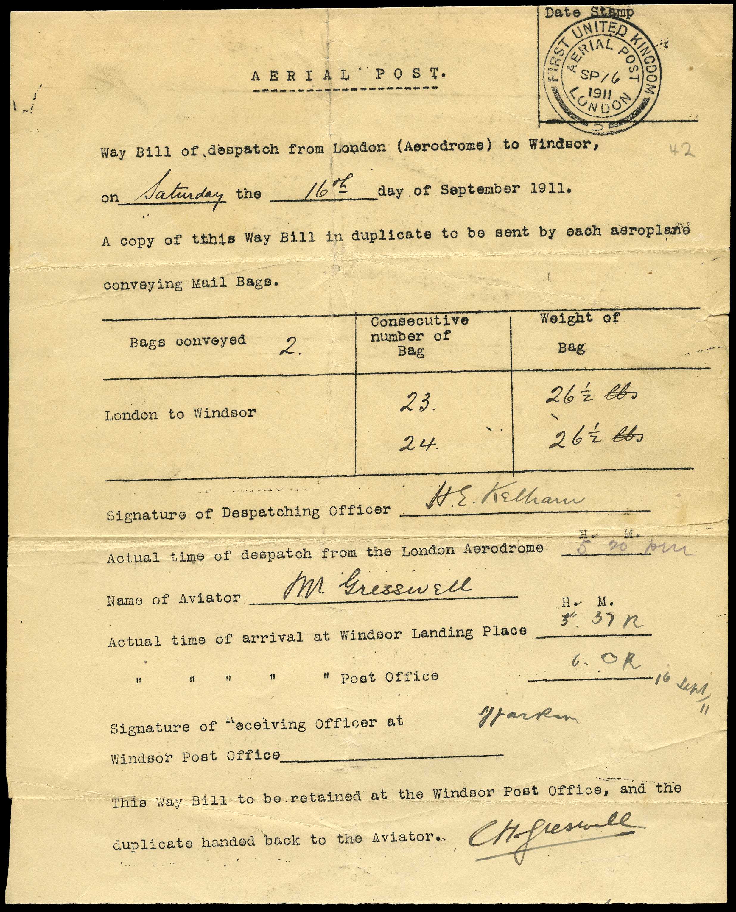 1911 FIRST U.K. AERIAL POST: Way Bill of...
