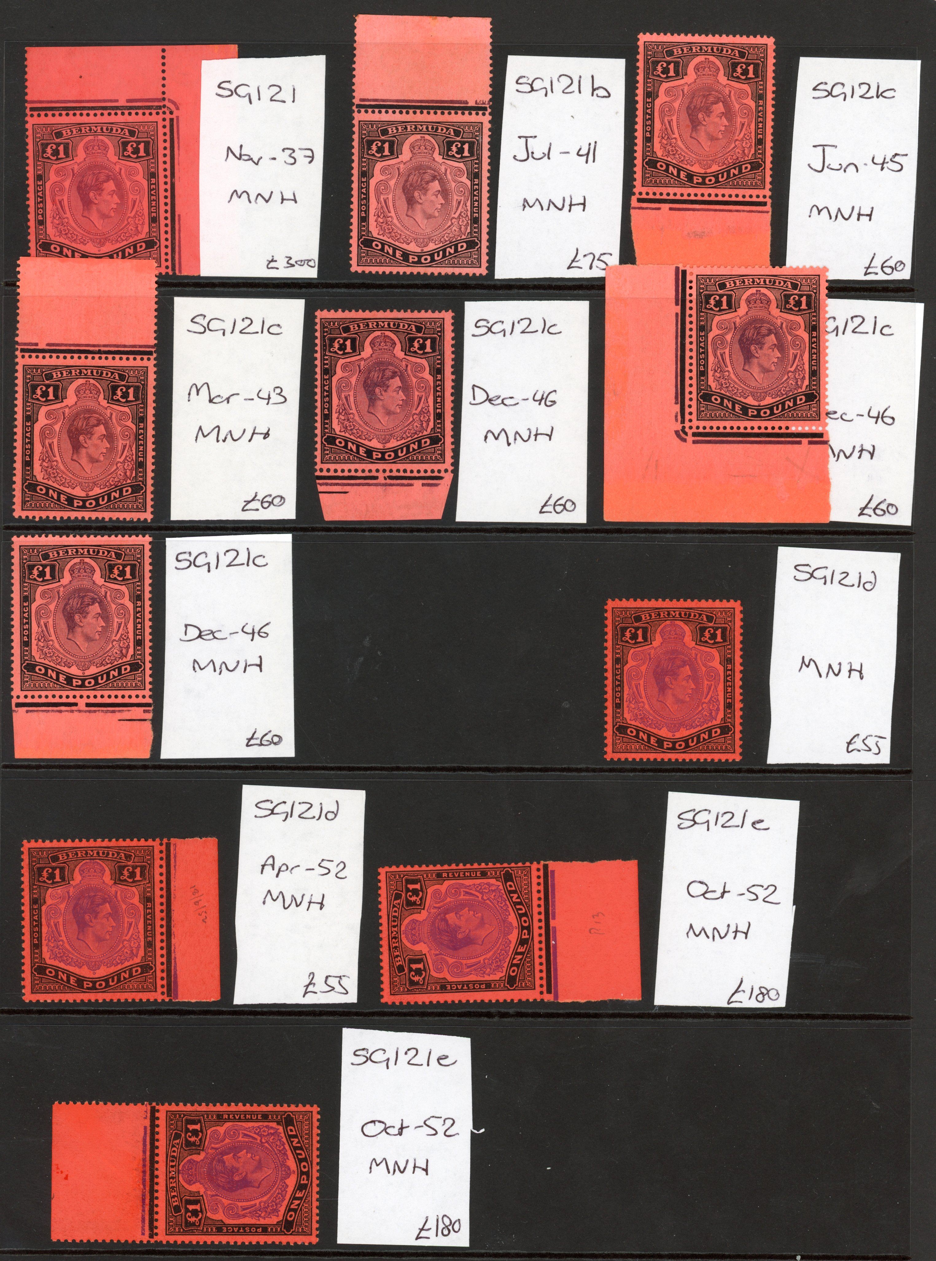 Bermuda SG 121/121e 1938-53 £1 mint range