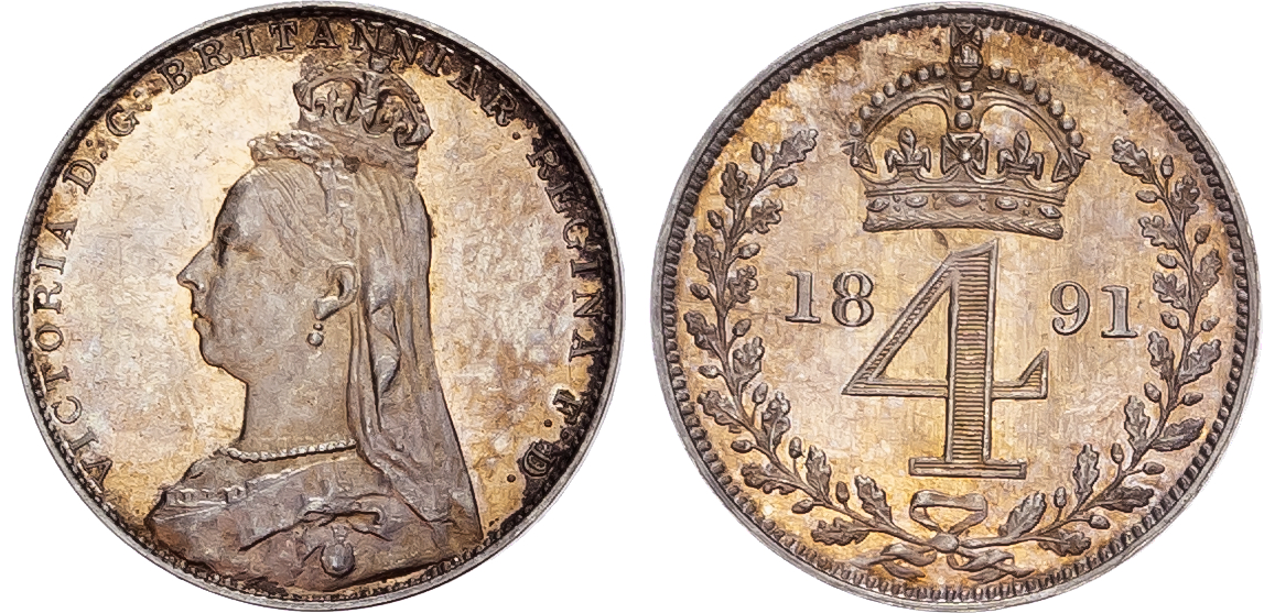 Victoria (1837-1901), Maundy Set, 1891, Fourpence, Threepence, Twopence, Penny.