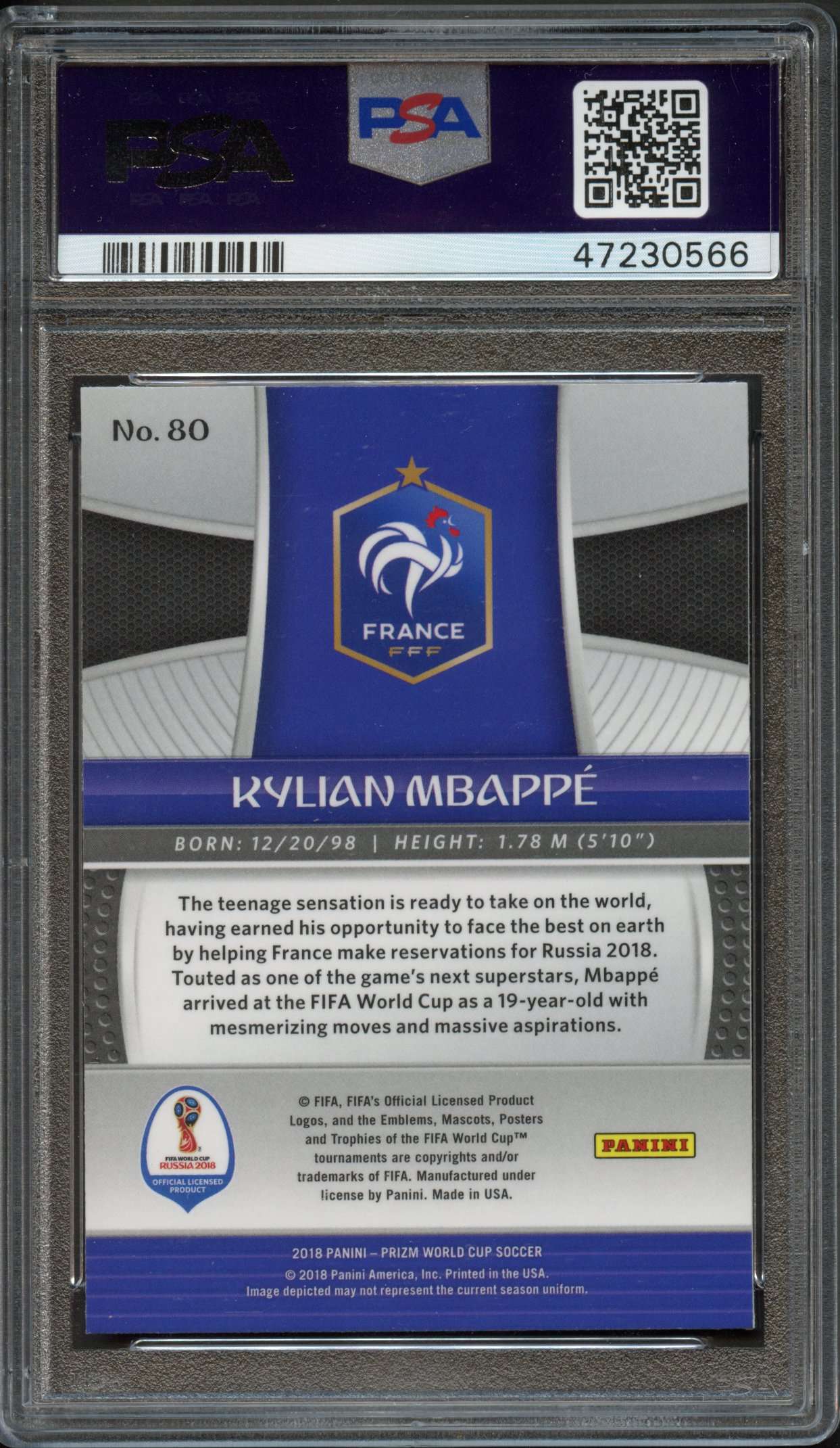 Past auction: PSA 10 2018 Kylian Mbappé Panini Prizm W/C | 26