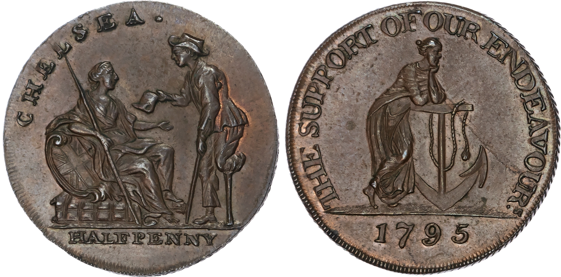 London, Chelsea, issuer uncertain Halfpenny, 1795, Sailor presenting petition to Britannia, rev. Hope leaning …