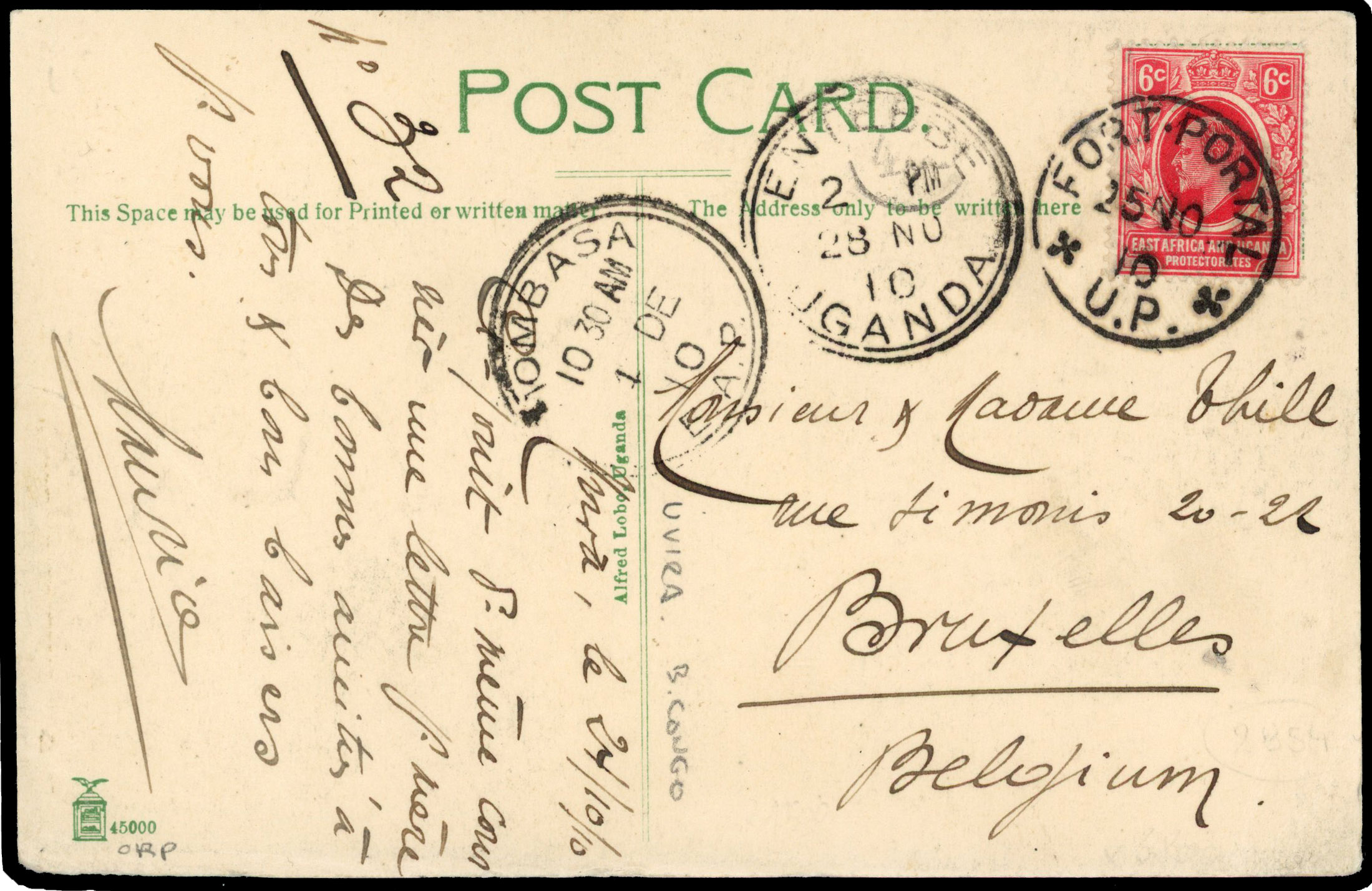 1901 ppc to Belgium franked 6c tied ‘FORT PORTAL/U.P./25 No 10’ cds, with Entebbe and Mombasa transits