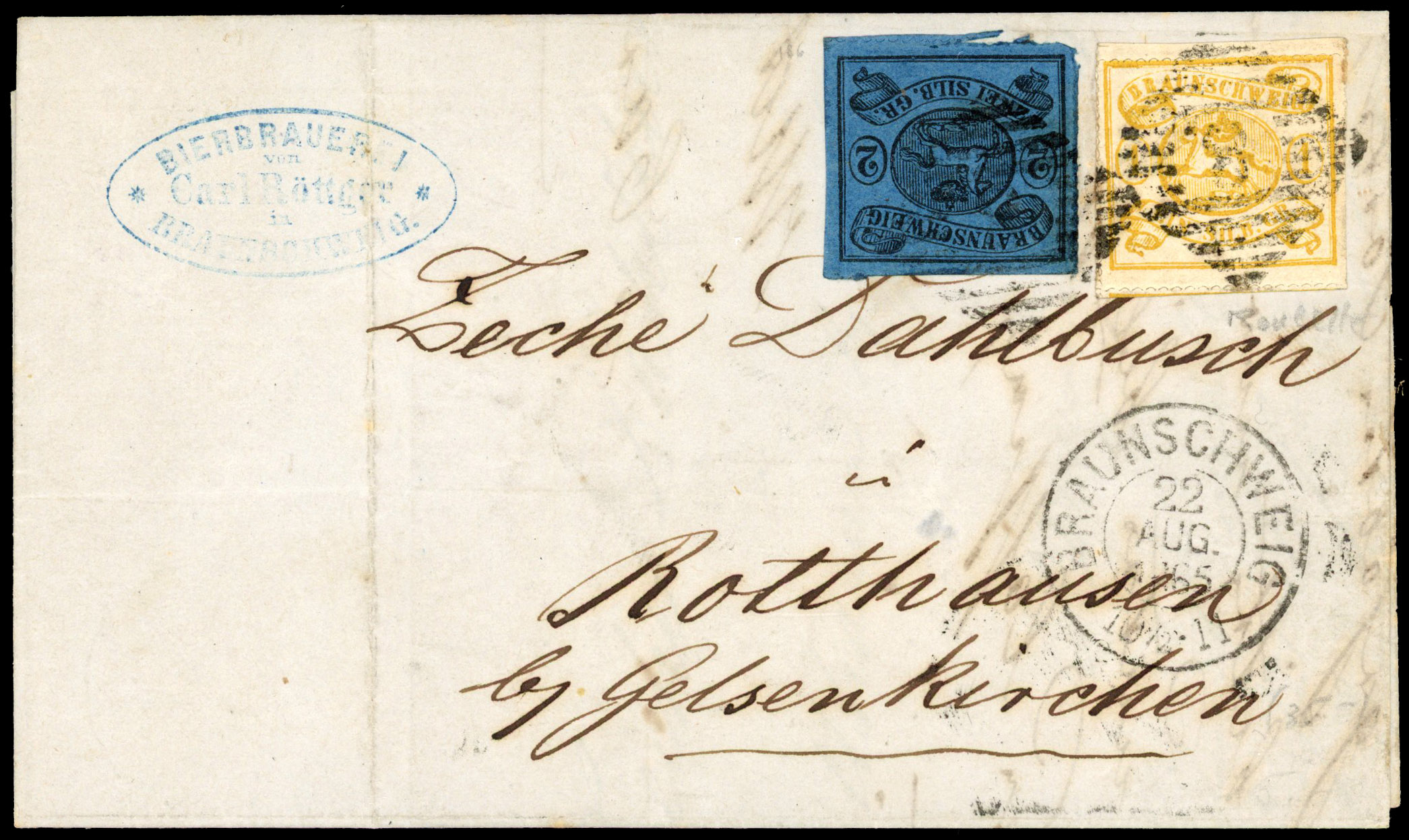 German States. Brunswick 1865 entire from Braunschweig to Rotthausen franked by SG 25/26