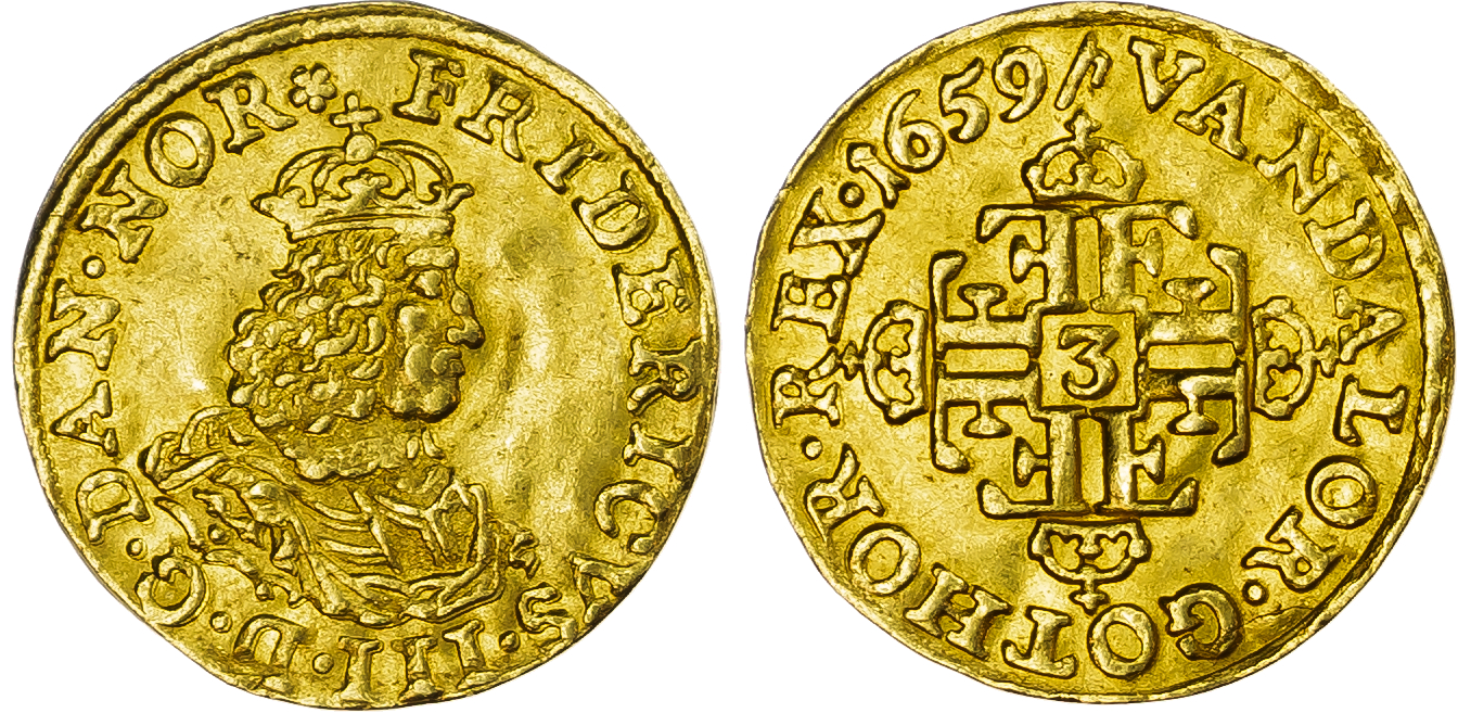 Denmark, Kingdom. Frederik III AV 1/2 Ducat. Copenhagen mint, 1659. 