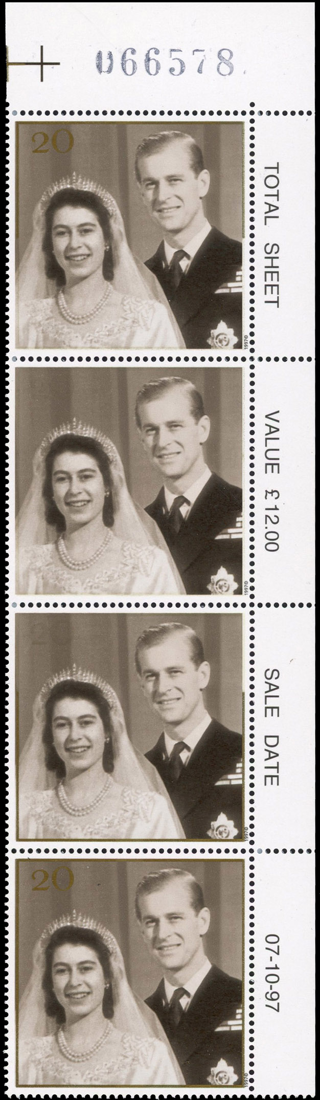 GB SG 2011b 1997 20p Golden Wedding strip of 4, colour omissions mint