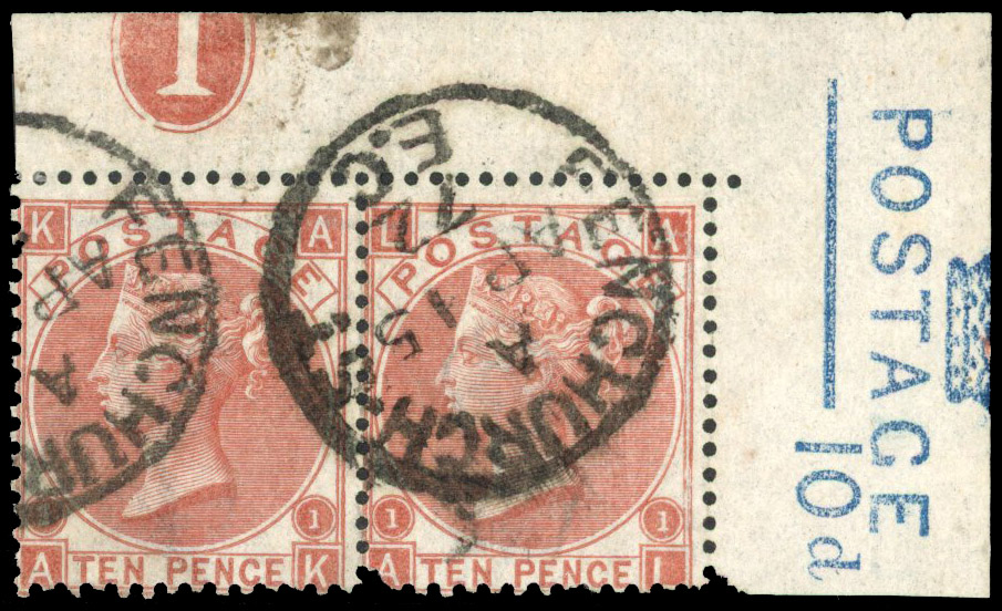 Great Britain SG 112 10d used top marginal plate pair 