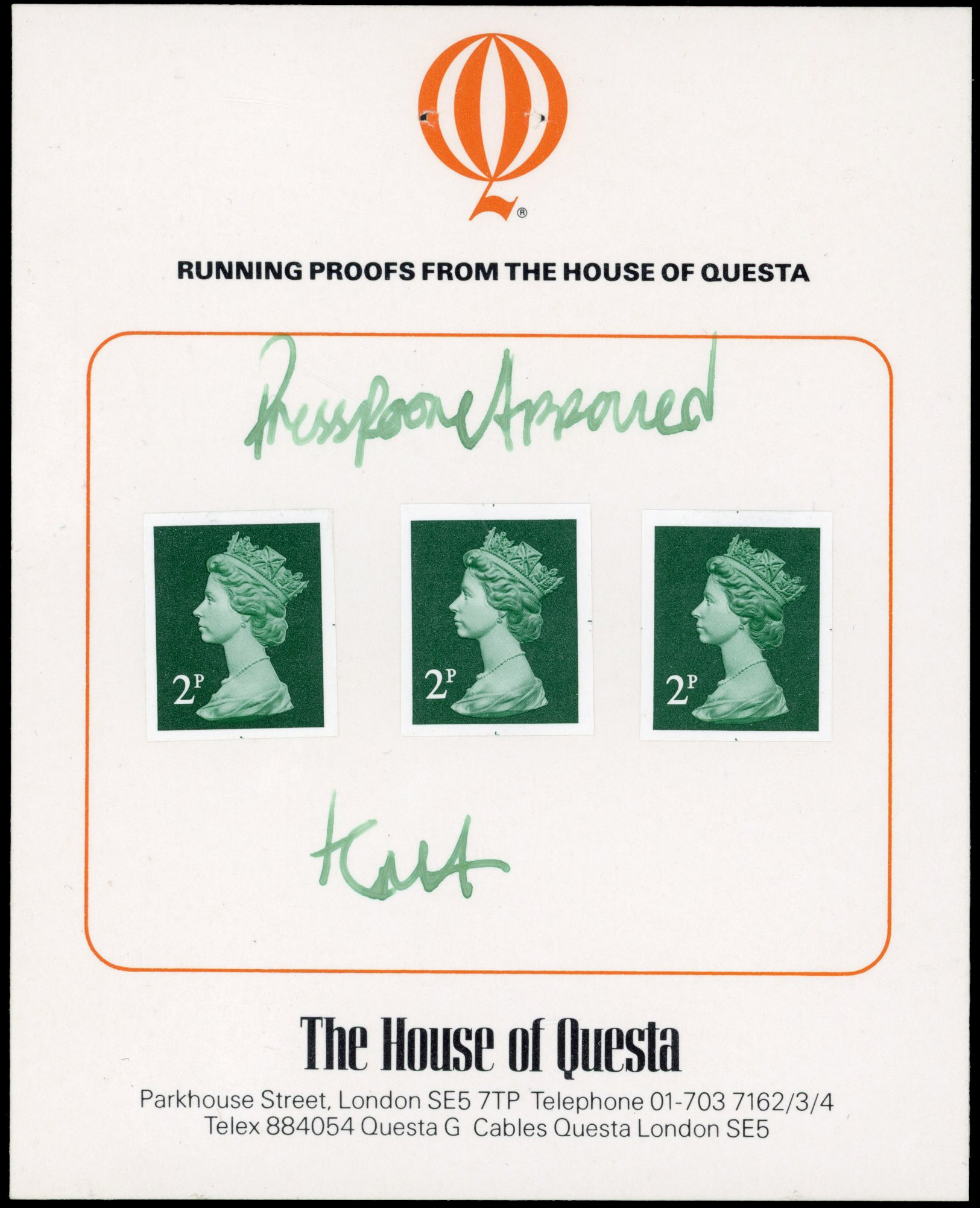 GB SG X1000 1979 House of Questa 2p litho trials on presentation cards