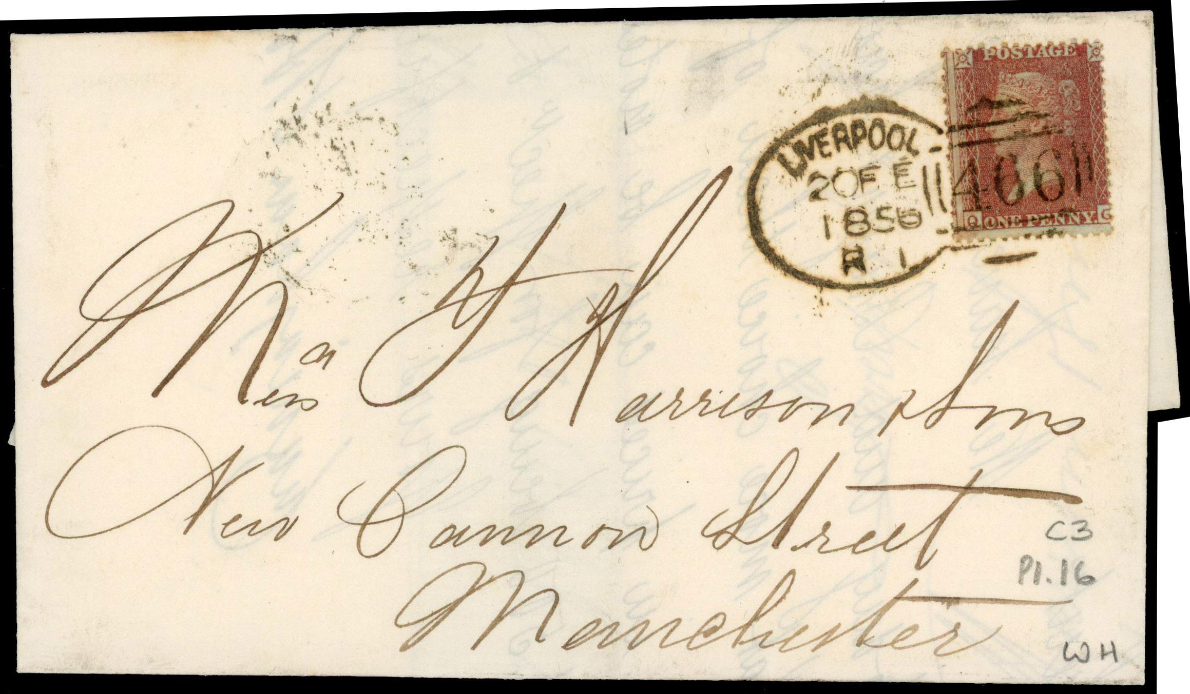 1855 1d Red-brown Pl.16 (Die II, Wmk. Small Crown, Perf 14) on cover