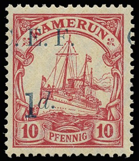 1915 1d on 10pf carmine, type 1 opt...