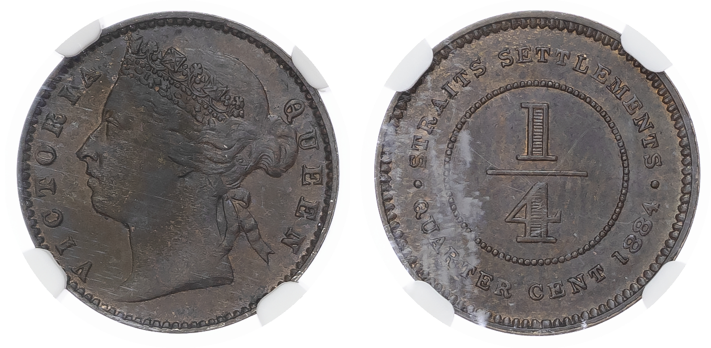 Straits Settlements, British Colonial. Victoria CU 1/4 Cent. 1884. 