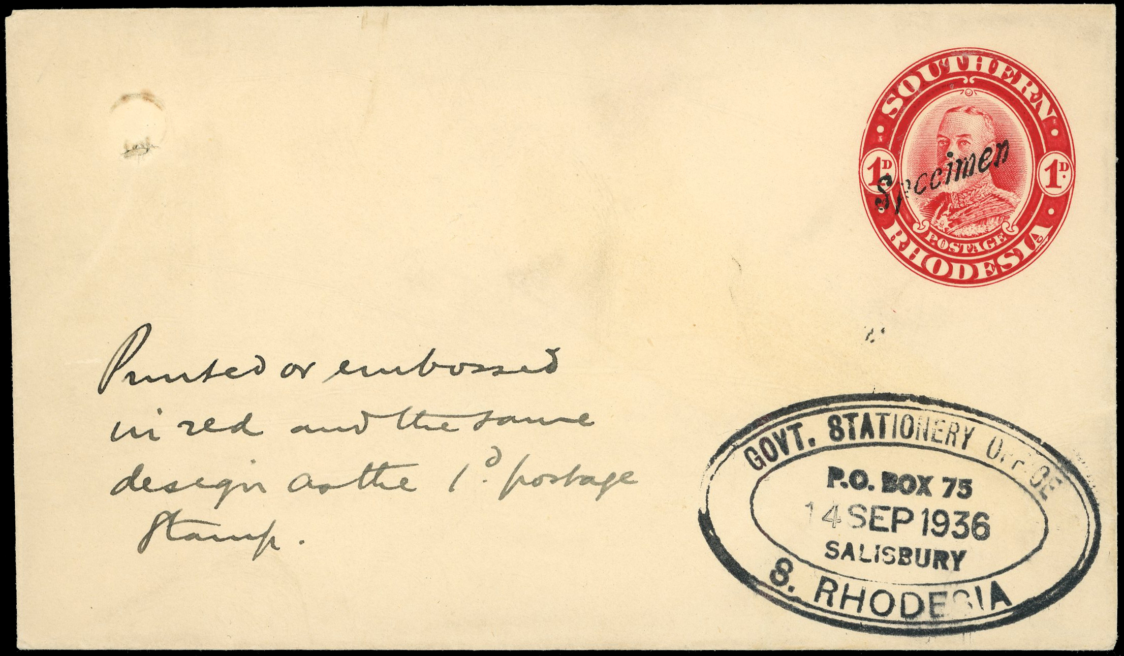 Postal Stationery 1931 Field Marshall 1d red envelope opt Specimen