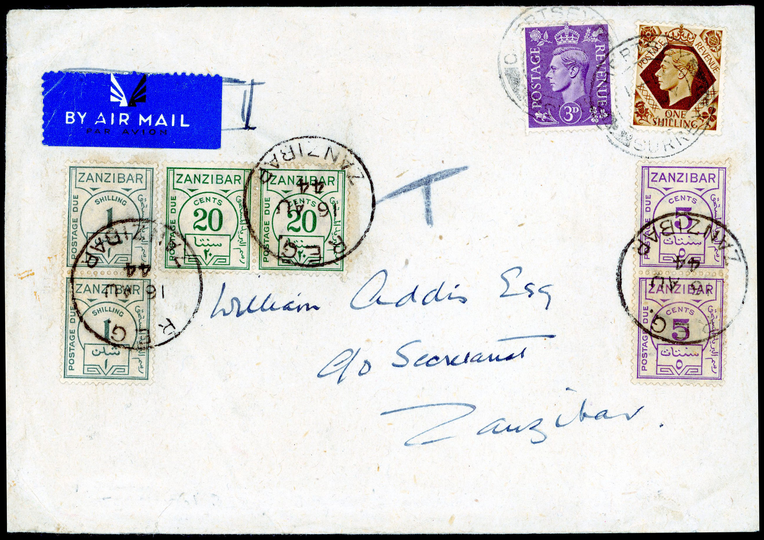 Zanzibar 1944 Postage Due cover