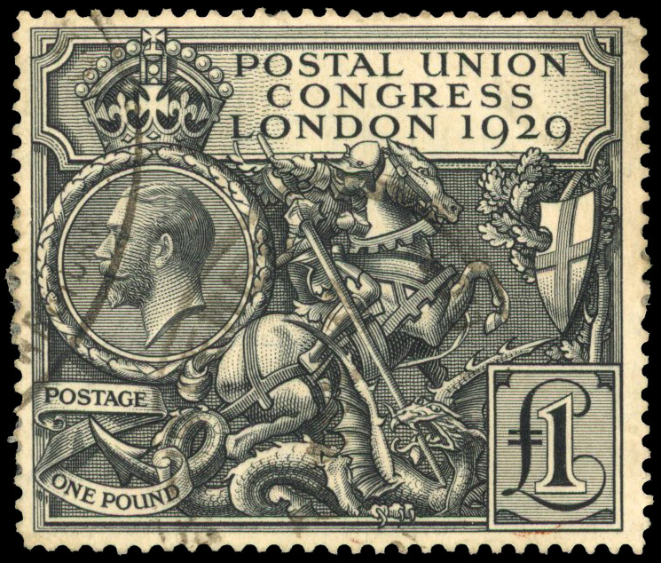 GB: 1929 £1 black Postal Union Congress, two indistinct cds's, light overall toning, used. SG 438