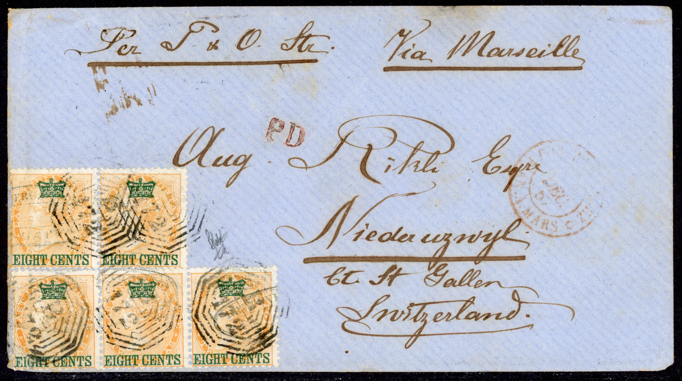 Straits Settlements SG 6 1867 cover from Singapore to Switzerland